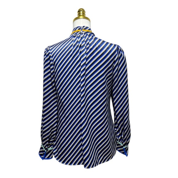 Tory Burch Silk Blue Striped Tie Neck long Sleeves Blouse Size 6 - Picture 4 of 16